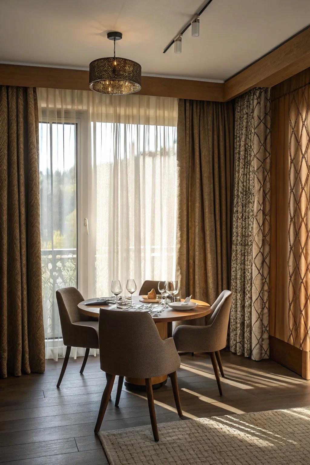 Textured curtains adding depth to the dining room.