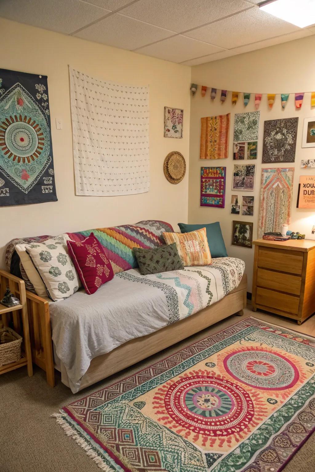 Layered textures create a welcoming atmosphere in this dorm room.