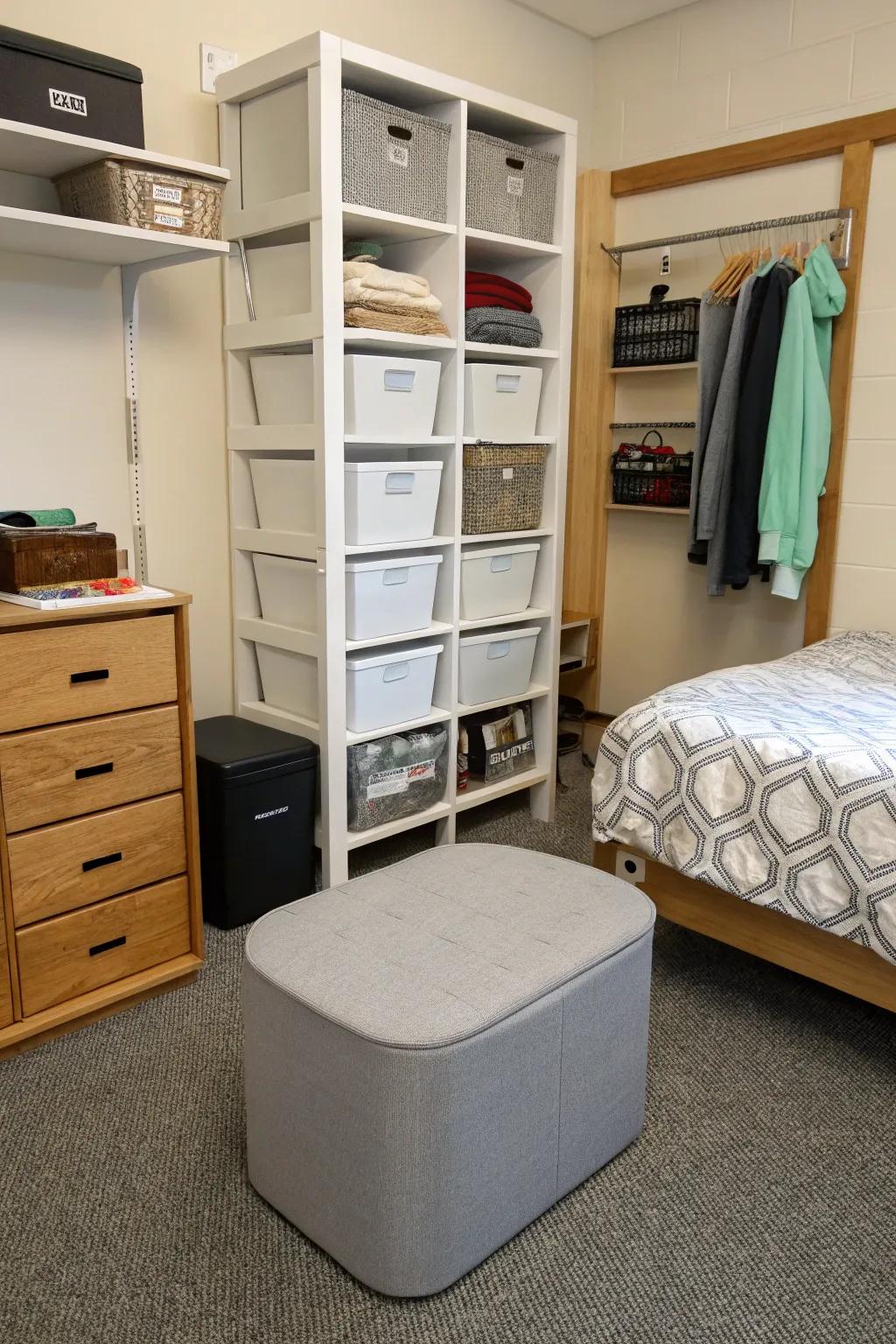 Smart storage solutions keep the dorm room organized and efficient.