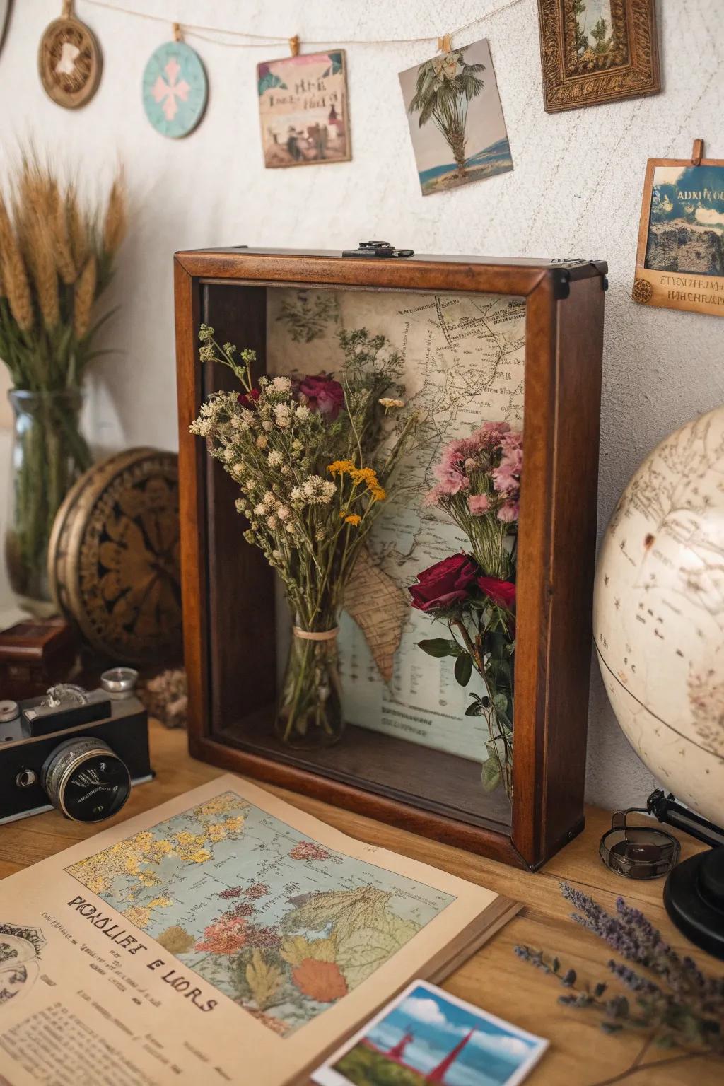 Relive your adventures with a travel-themed dried flower shadow box.