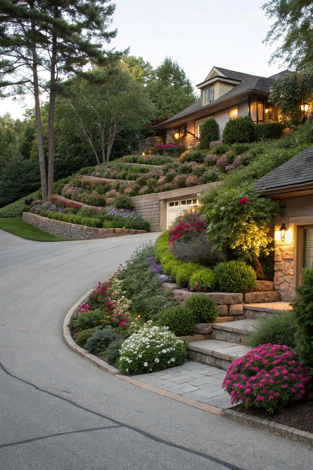 A tiered berm design adds dimension to the driveway.