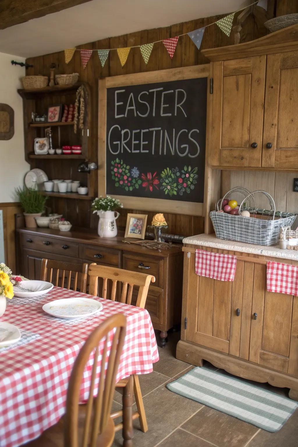 A charming chalkboard sign welcomes guests with Easter cheer.