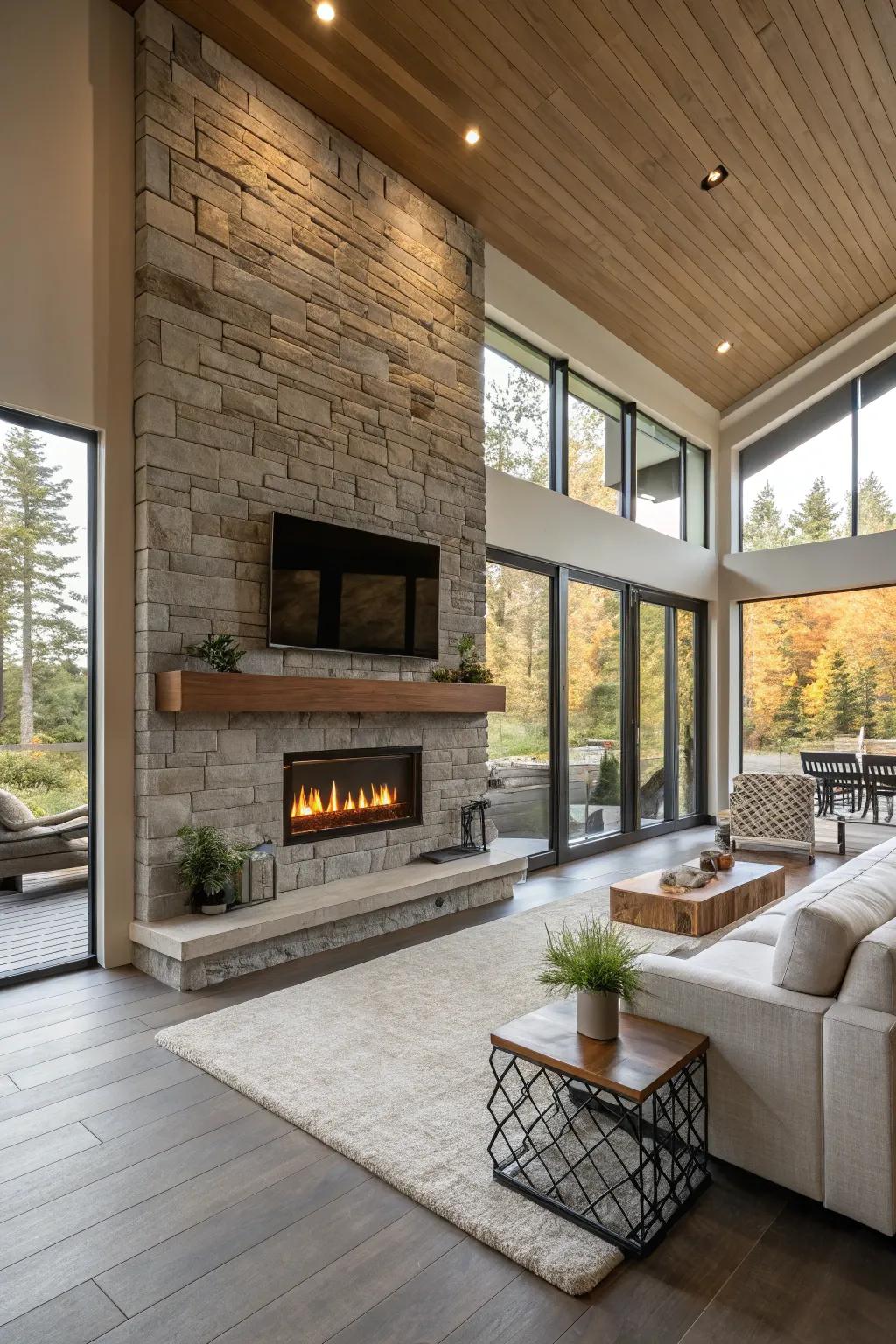 An open-plan area where the fireplace ties the space together.