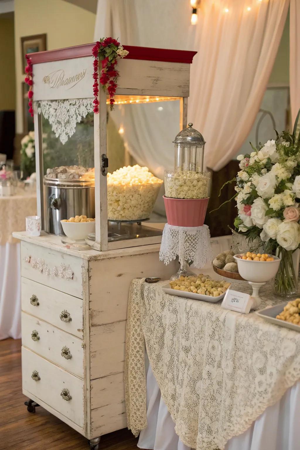 A vintage dresser repurposed as a creative and sustainable popcorn station.