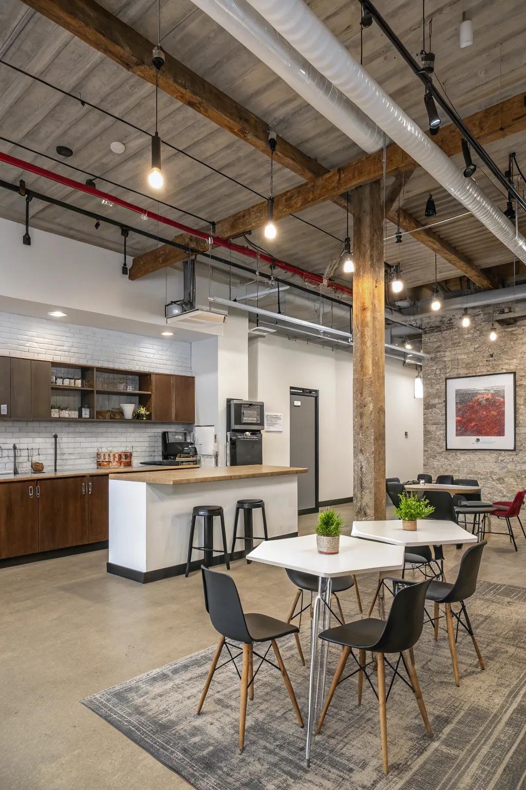 Factory-style charm meets minimalism in this break room.