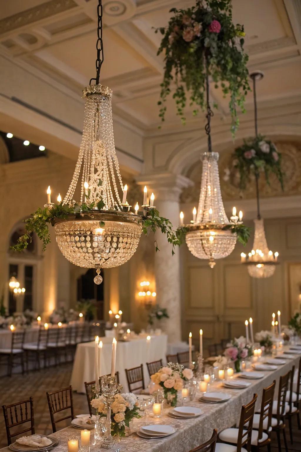 Vintage chandeliers adding elegance to the party atmosphere.