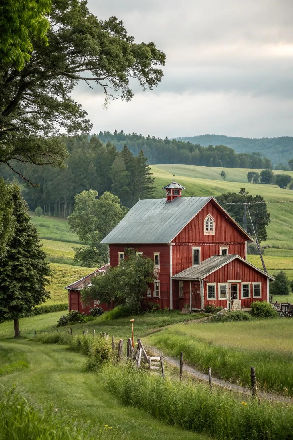 Rustic red farmhouse that captures traditional charm.