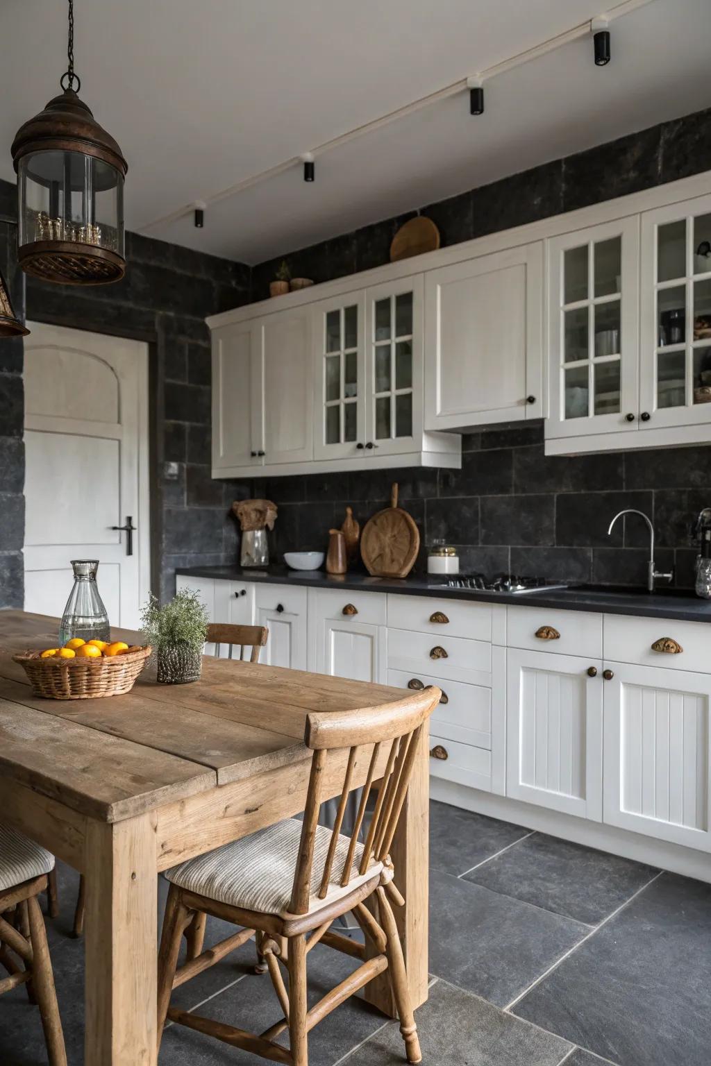 A dark cobblestone backsplash delivers dimension and refinement to this country-style kitchen.