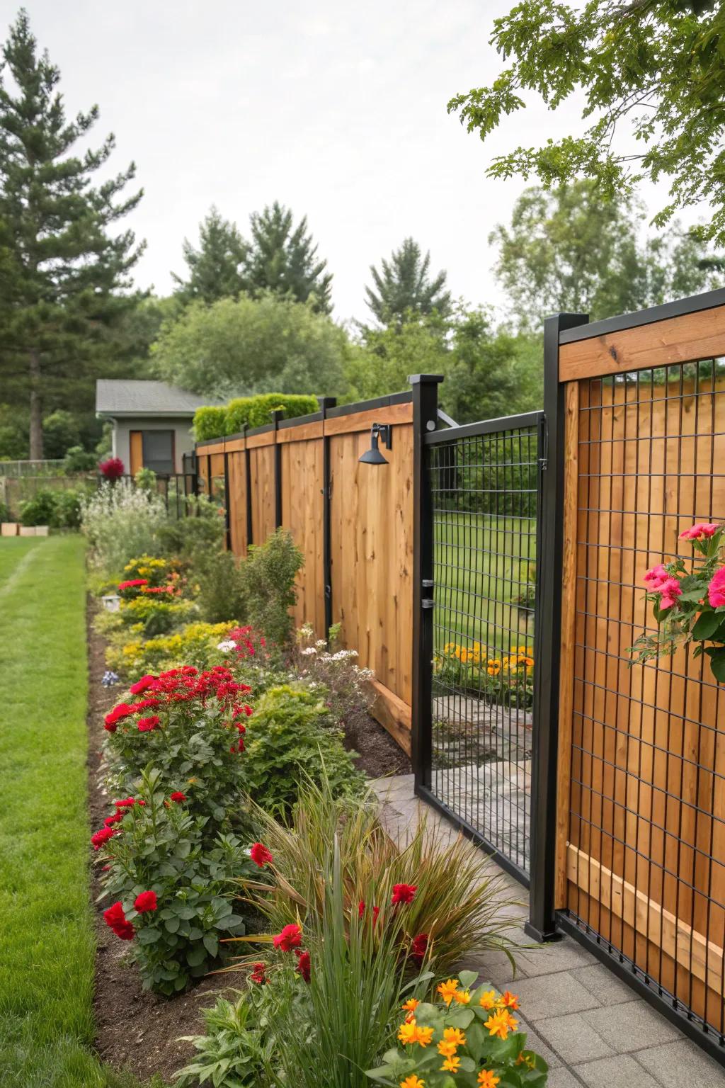 A combination of timber and alloy materials generates a singular fence design.