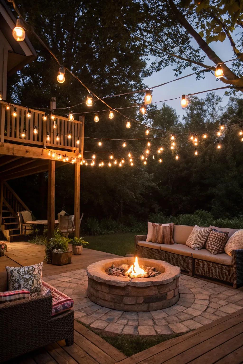 String lights add a twinkling charm to your fire pit area.