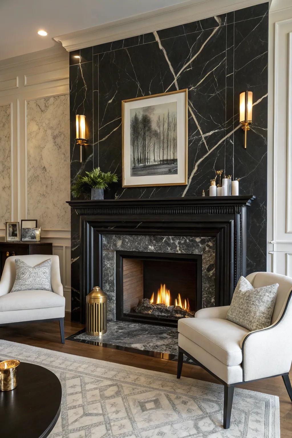 Create drama with a bold black marble fireplace background.