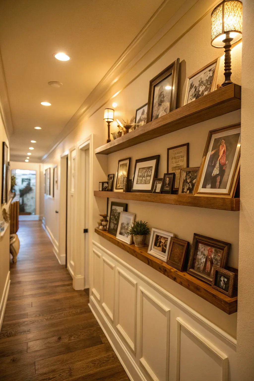 Add personal touches to your hallway with floating shelves.