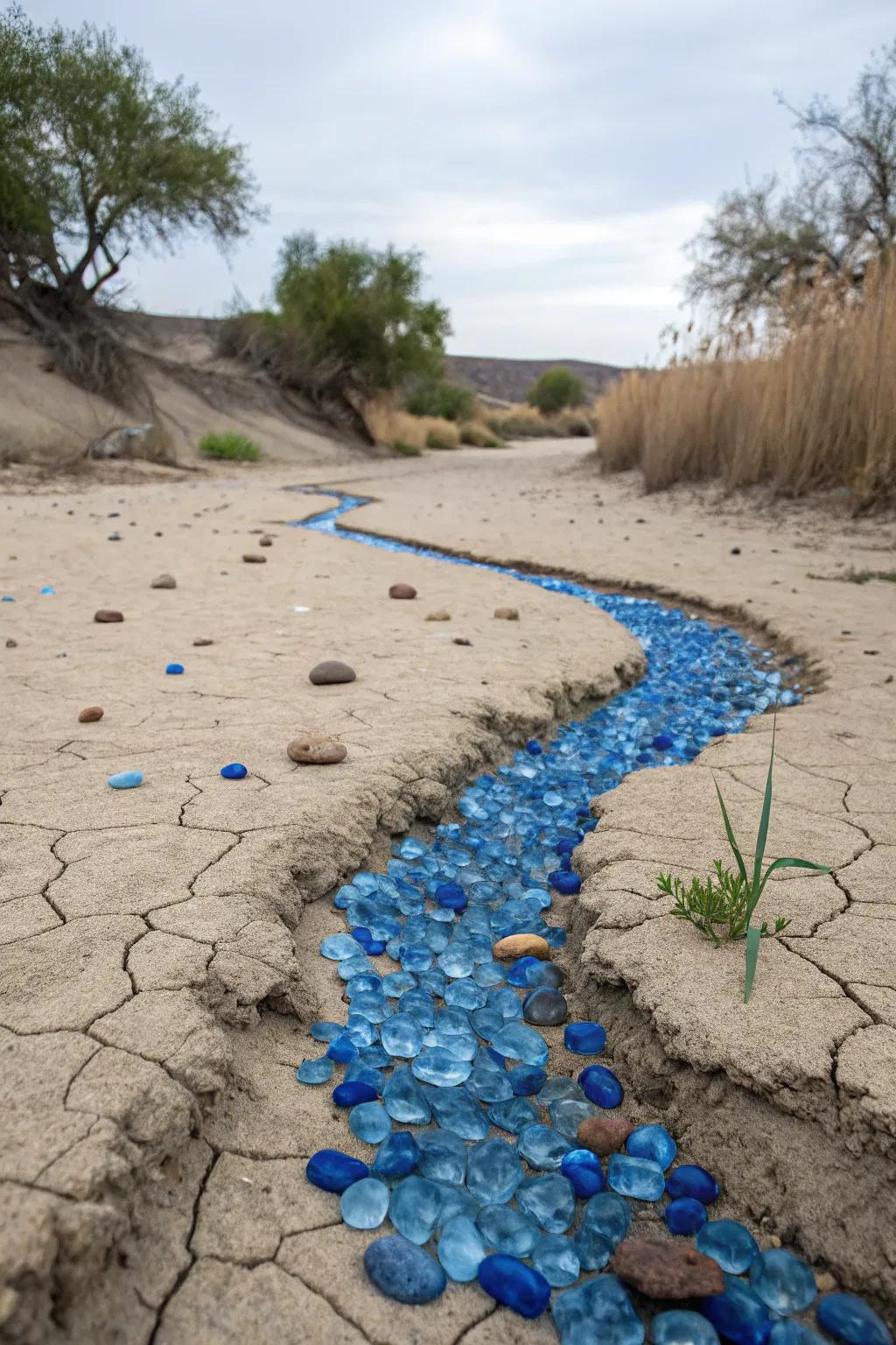 Blue glass pebbles mimic the look of flowing water in your dry creek bed.