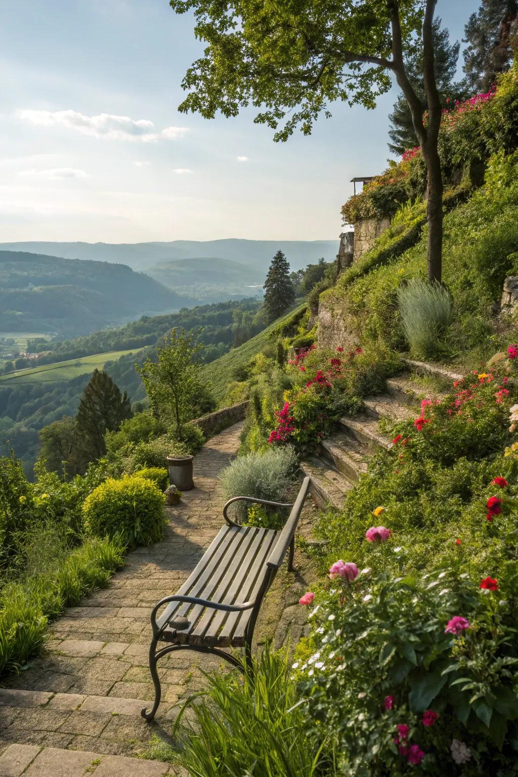 A seating area provides a tranquil vantage point for enjoying a sloped garden.