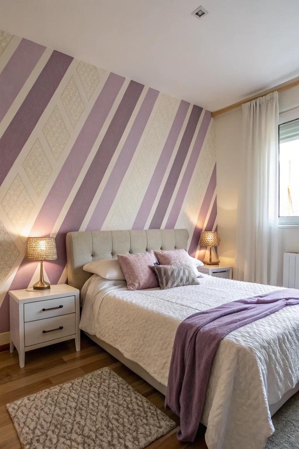 A bedroom with elegant diagonal stripe geometric wall patterns.