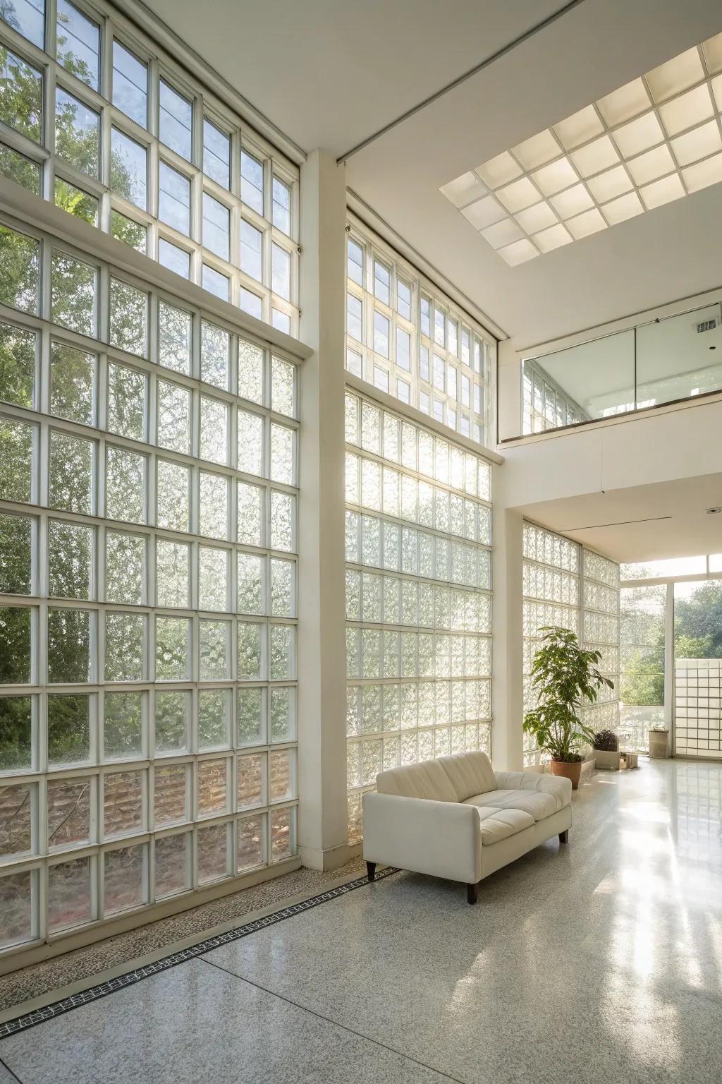 A radiant interior space with glass block walls, optimizing the circulation of natural light.