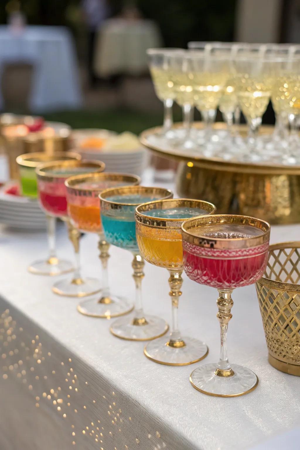 Vibrant elegance with gold-rimmed glassware.