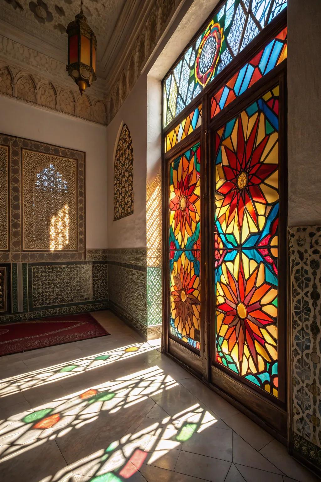 Art in the stained glass style adding depth and intrigue.