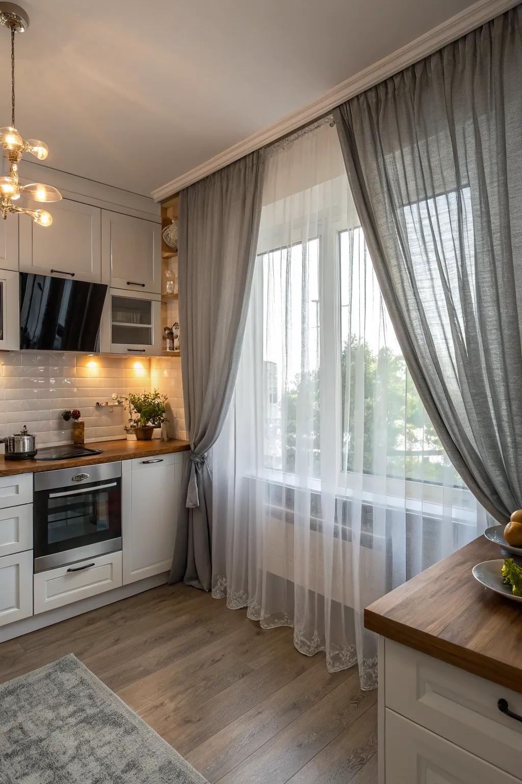 Layered gray curtains with sheer panels for added depth and texture.