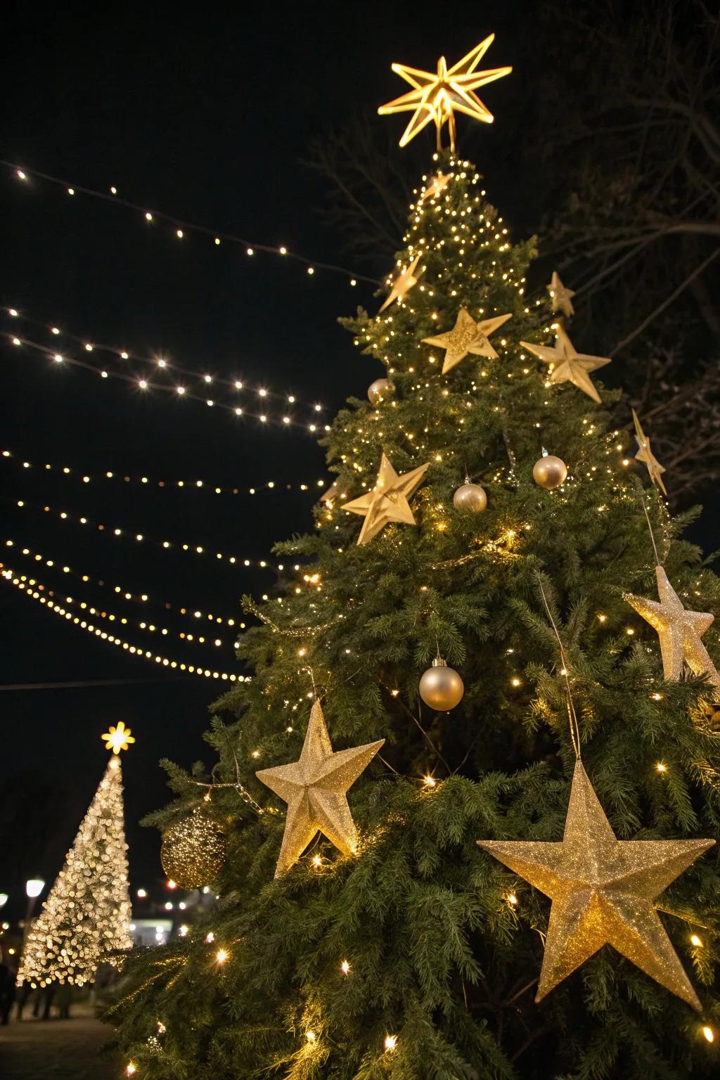 A starry night-themed tree with gold stars