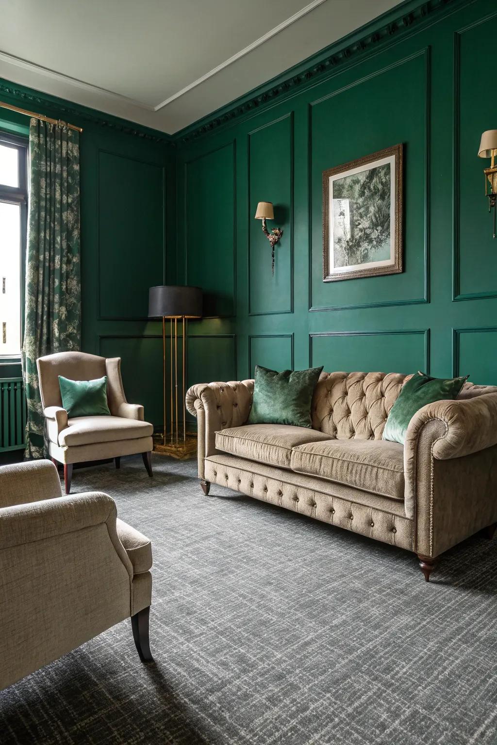 Emerald green walls exude luxury with grey carpets.