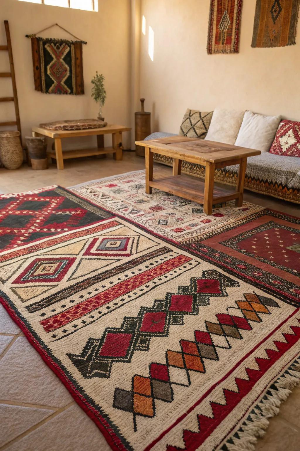 Stratified rugs provide texture and visual interest.