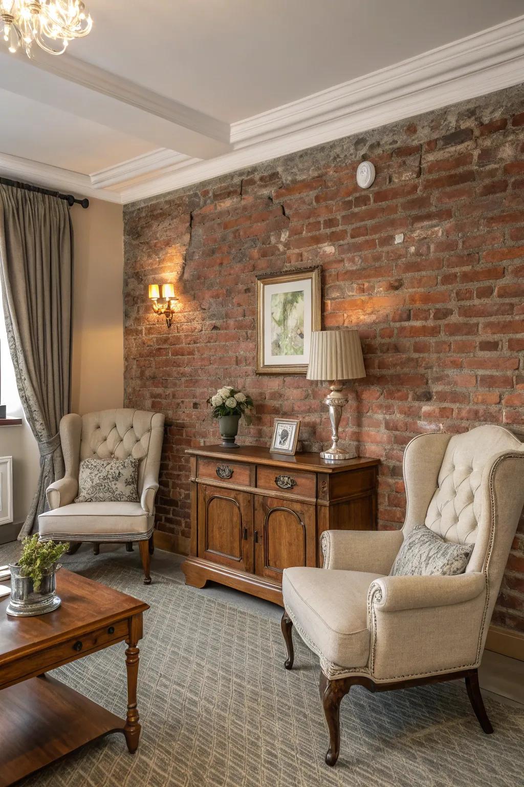 A traditional room featuring classic furniture and a half brick wall.