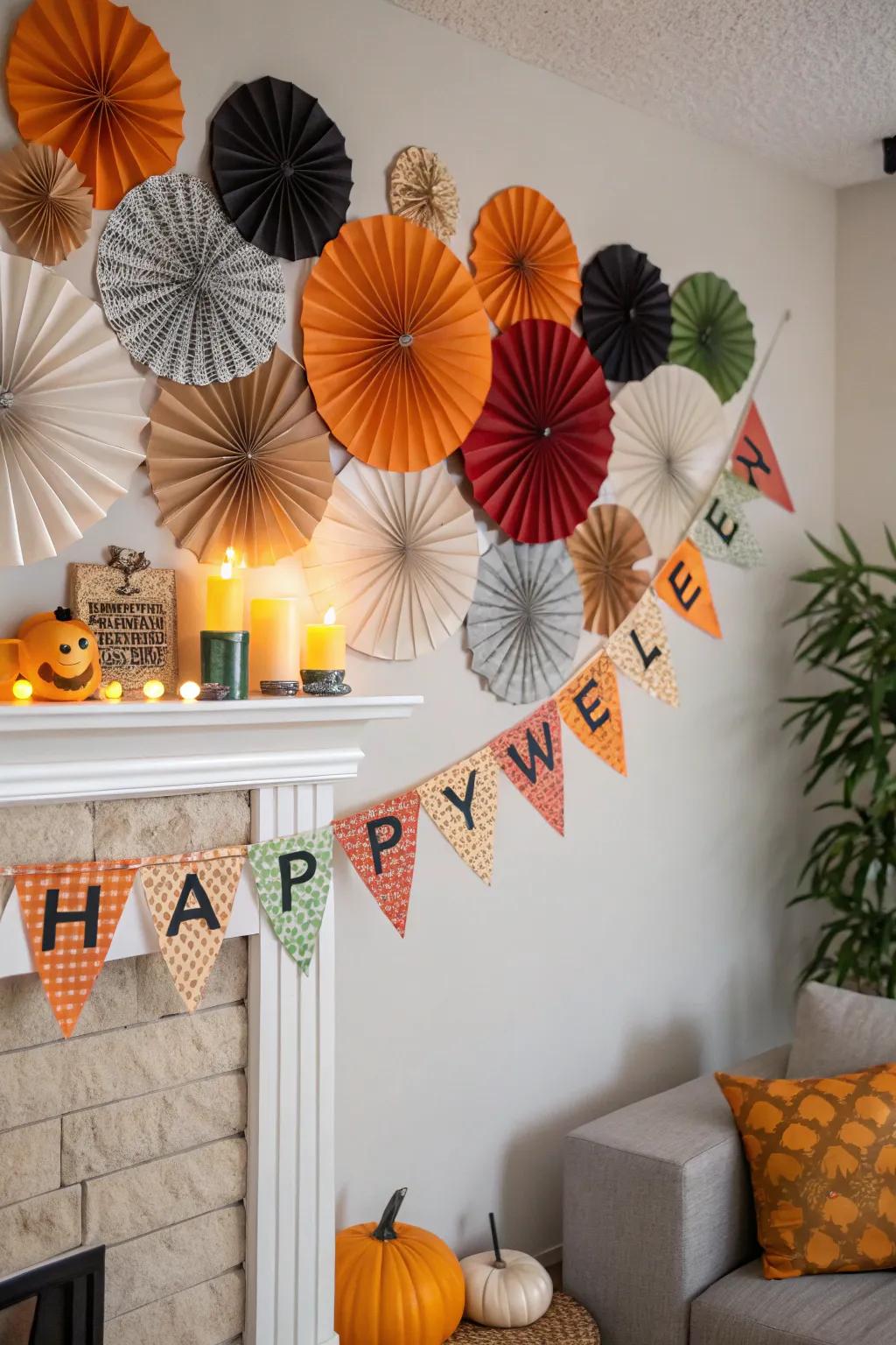 An image backdrop using paper fans and pennants captures memorable instances