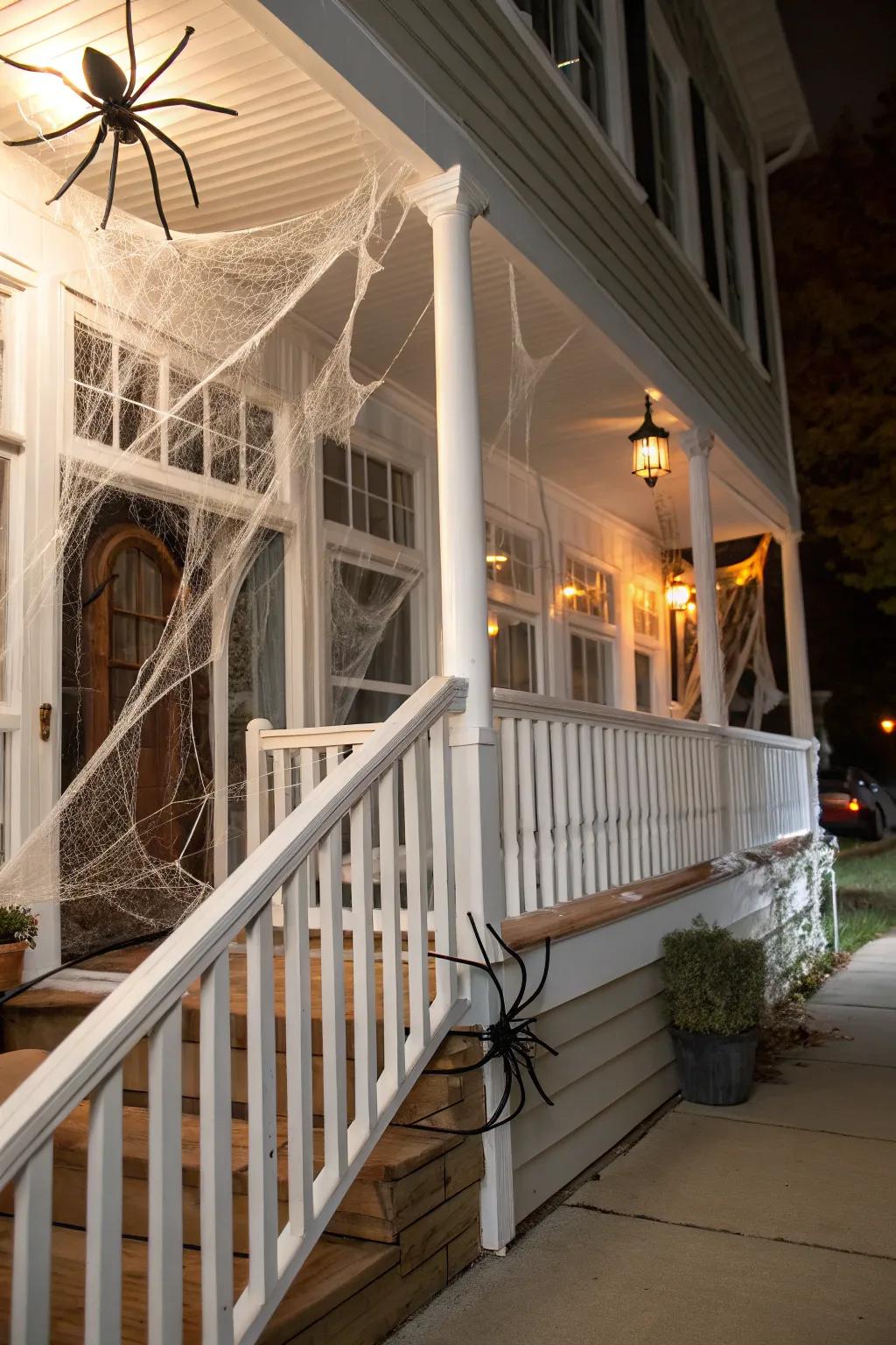 Spider webs create a delightfully creepy corner on this porch.