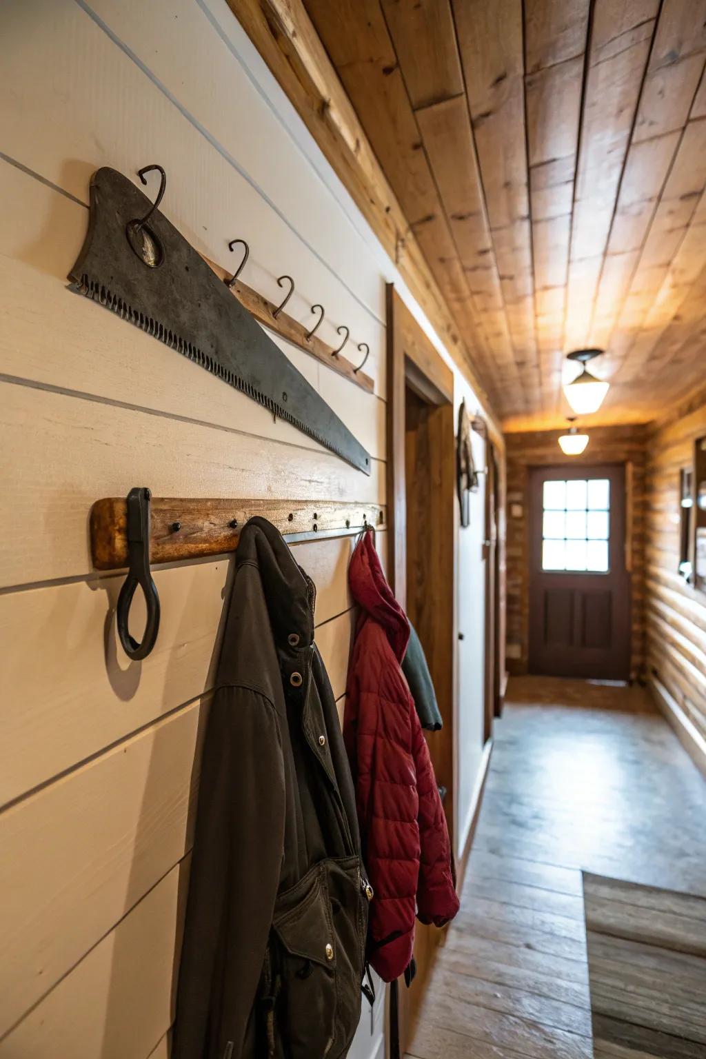 A handsaw repurposed into a functional coat rack.