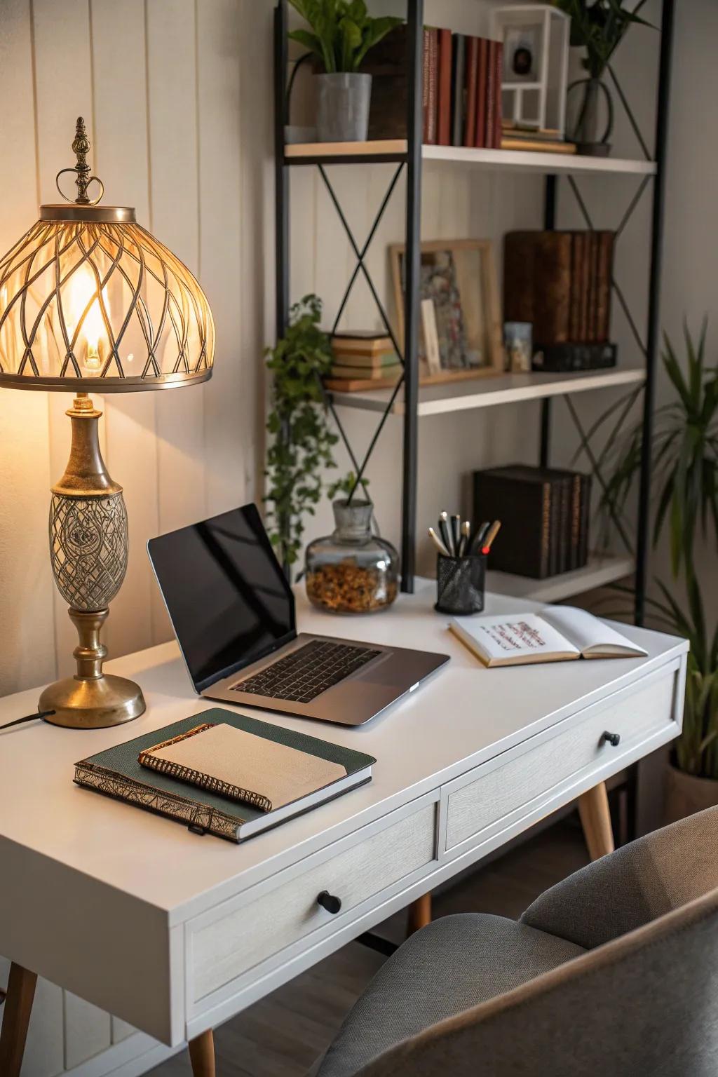 A mix of modern and vintage elements creates a distinct home office style.