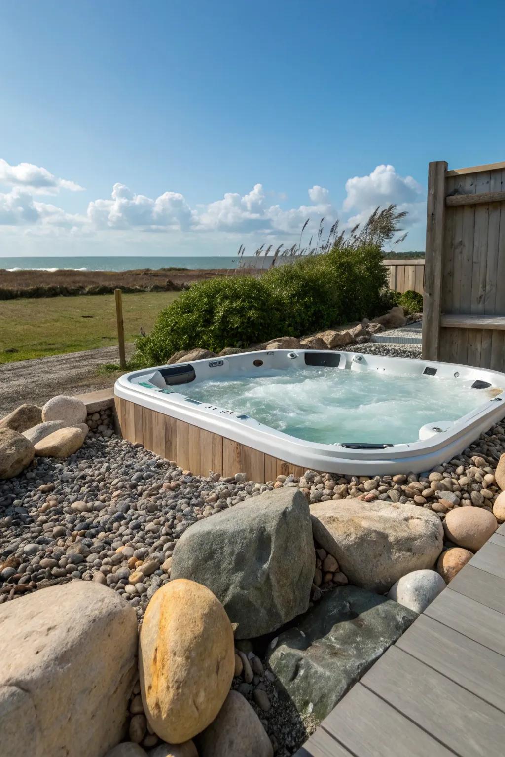 Natural rocks create a serene and integrated hot tub setting.