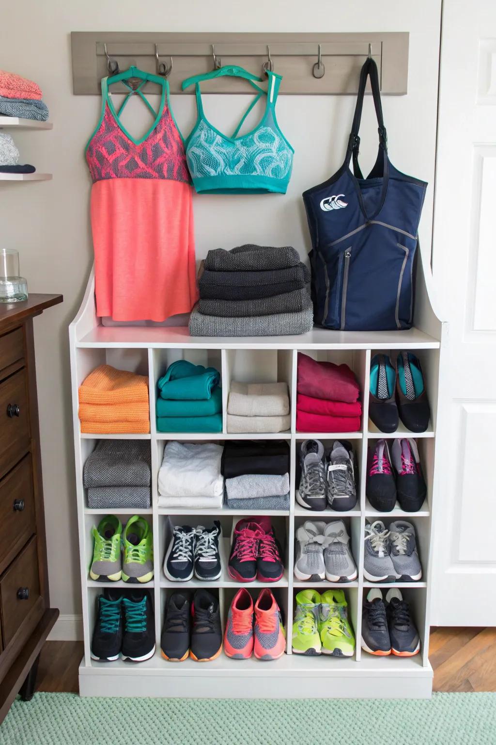 A DIY shoe organizer used for storing workout gear.