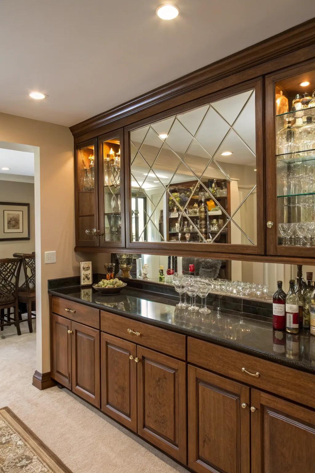 Mirrors add depth and elegance to your home bar.