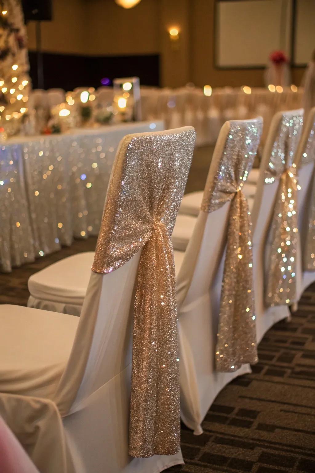 Glamorous glimmer with sequin chair wraps.