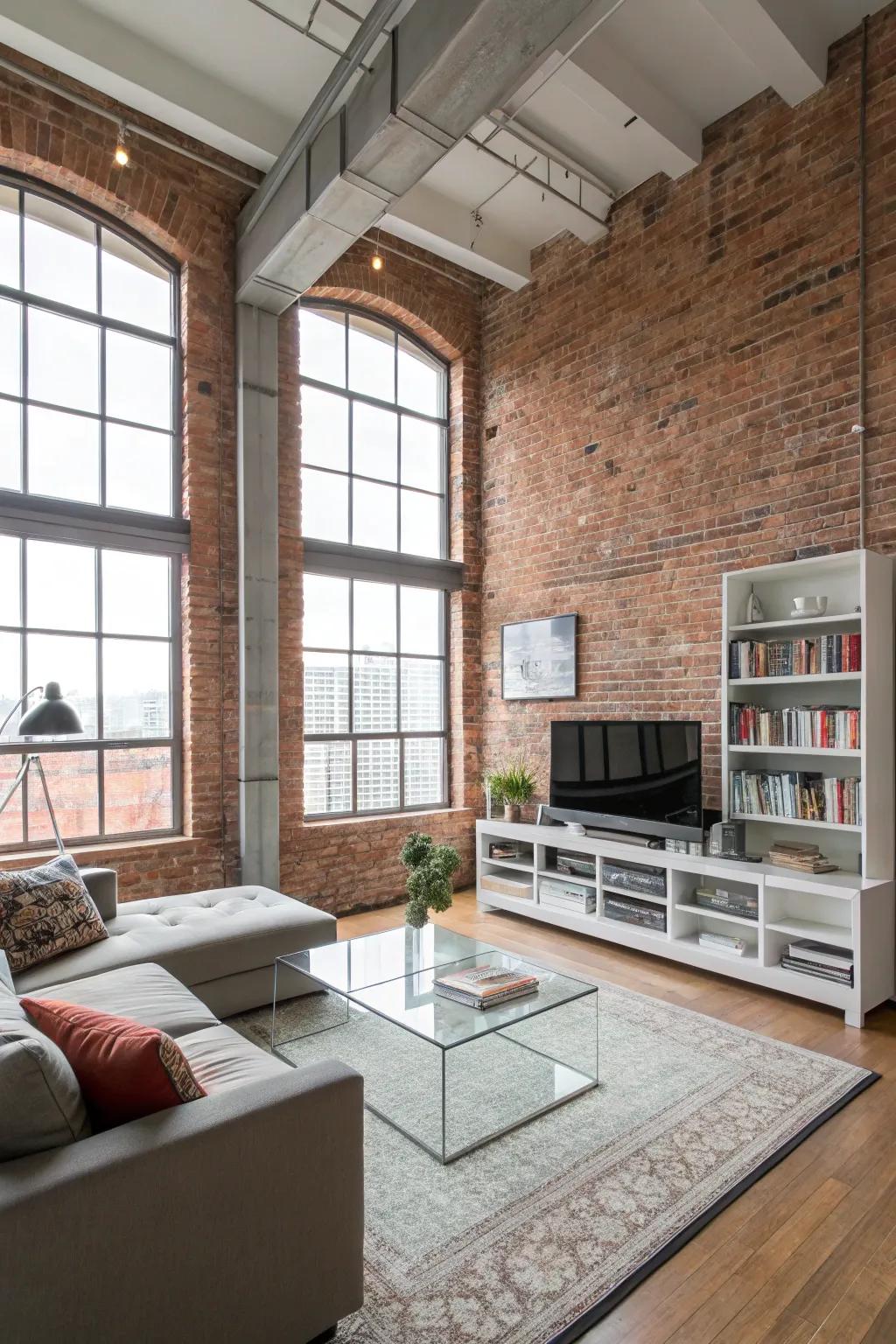 An urban loft-style open-concept living area featuring a brick surface, radiating spaciousness and flair.