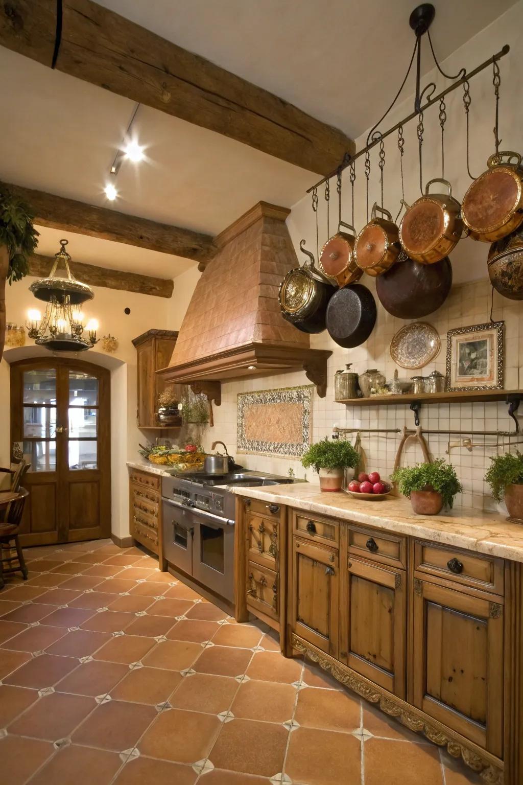 Functional decor like hanging pots incorporates country appeal.