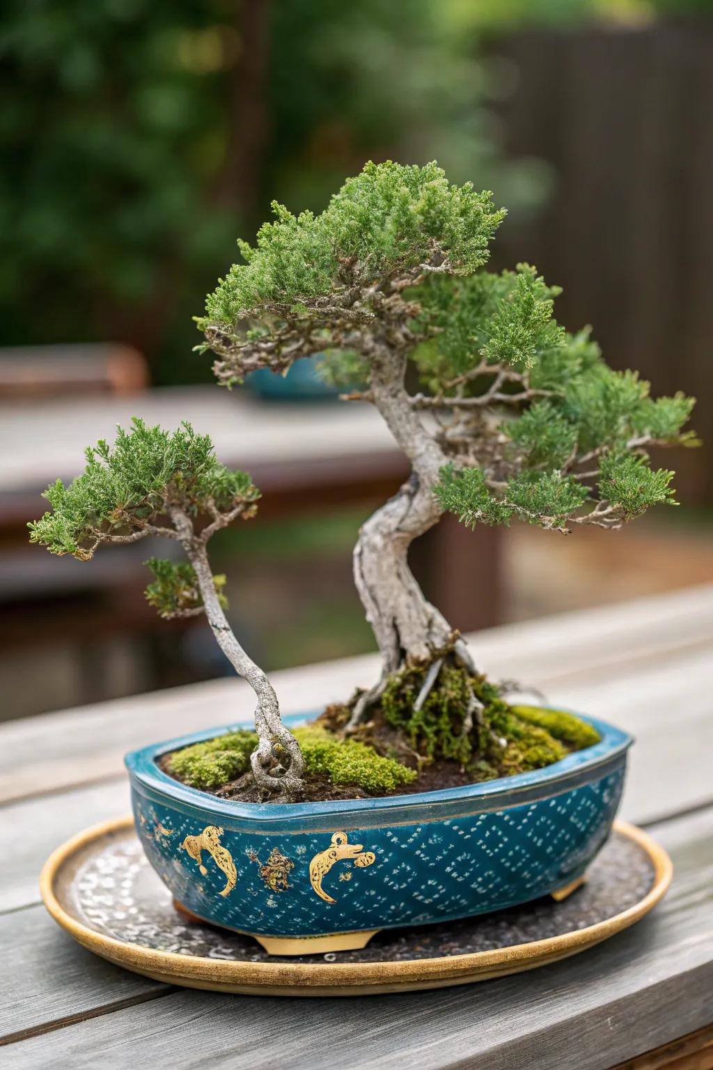 A twin trunk juniper bonsai symbolizing unity on a decorative ceramic plate.