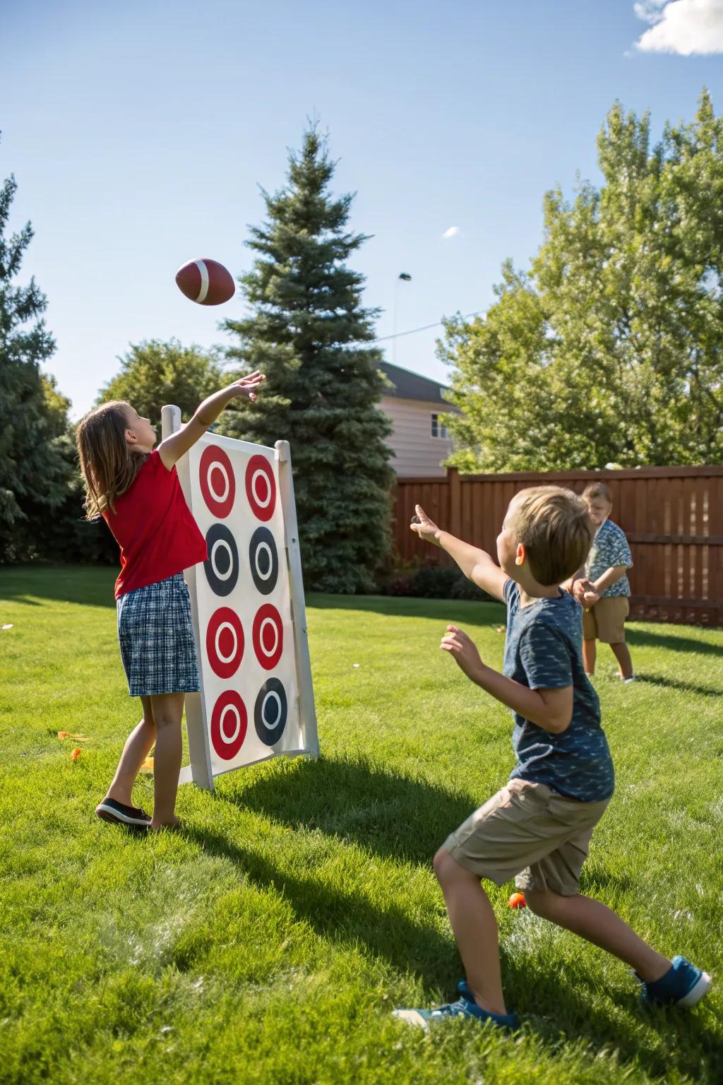 Youngsters enjoying a gridiron toss game outdoors.