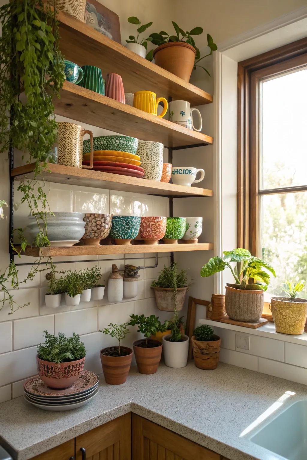 Open shelving transforms corners into stylish, efficient areas.