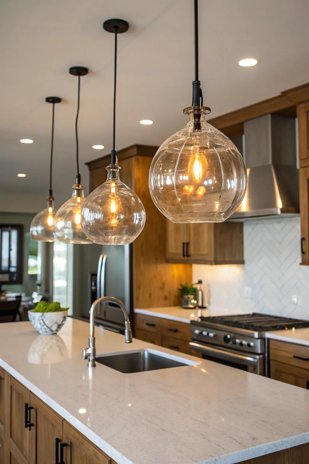 Glass pendant lights add an artistic and airy touch.