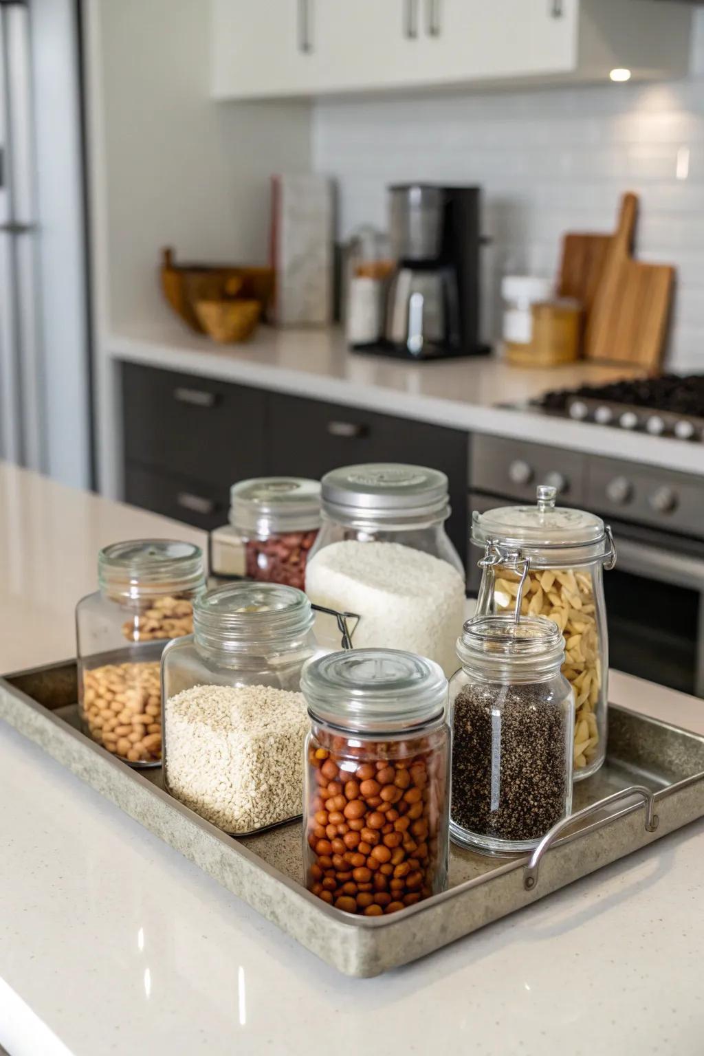 Glass jars elegantly combine storage and display.