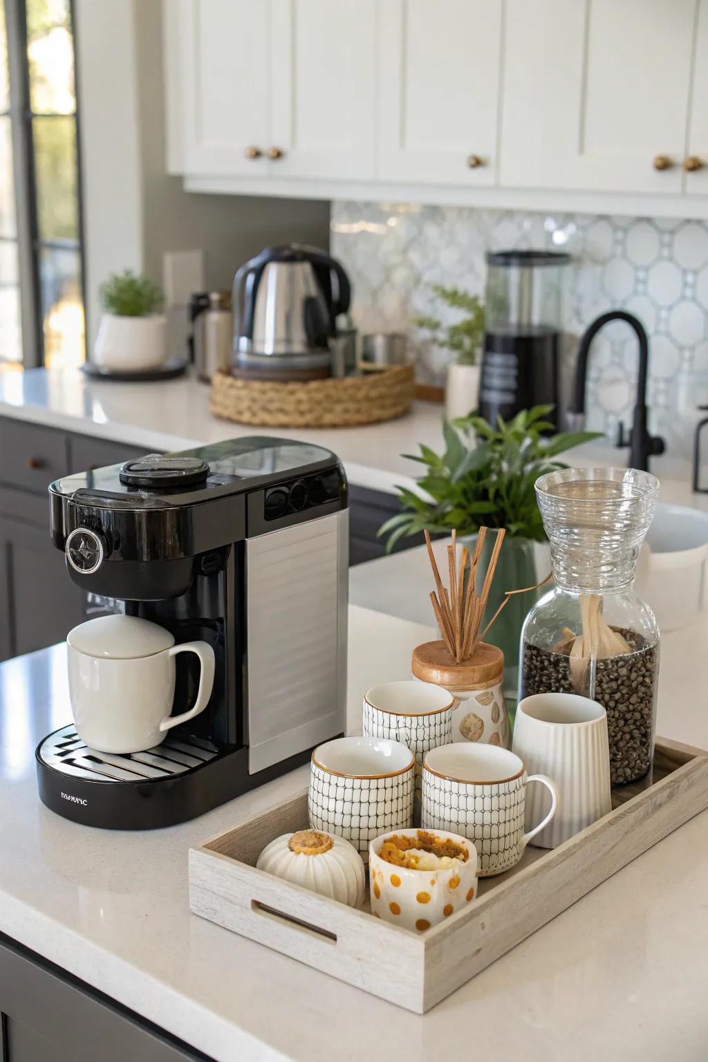 A coffee station adds style and functionality to your kitchen.