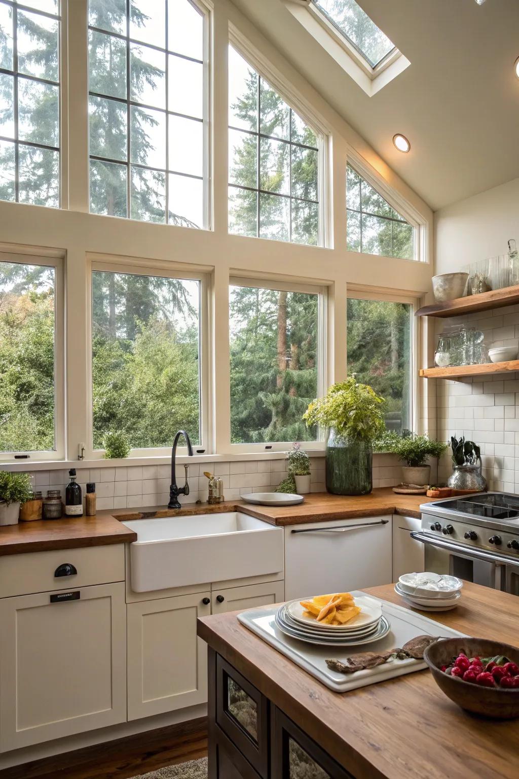 A kitchen saturated in light from high-set windows.
