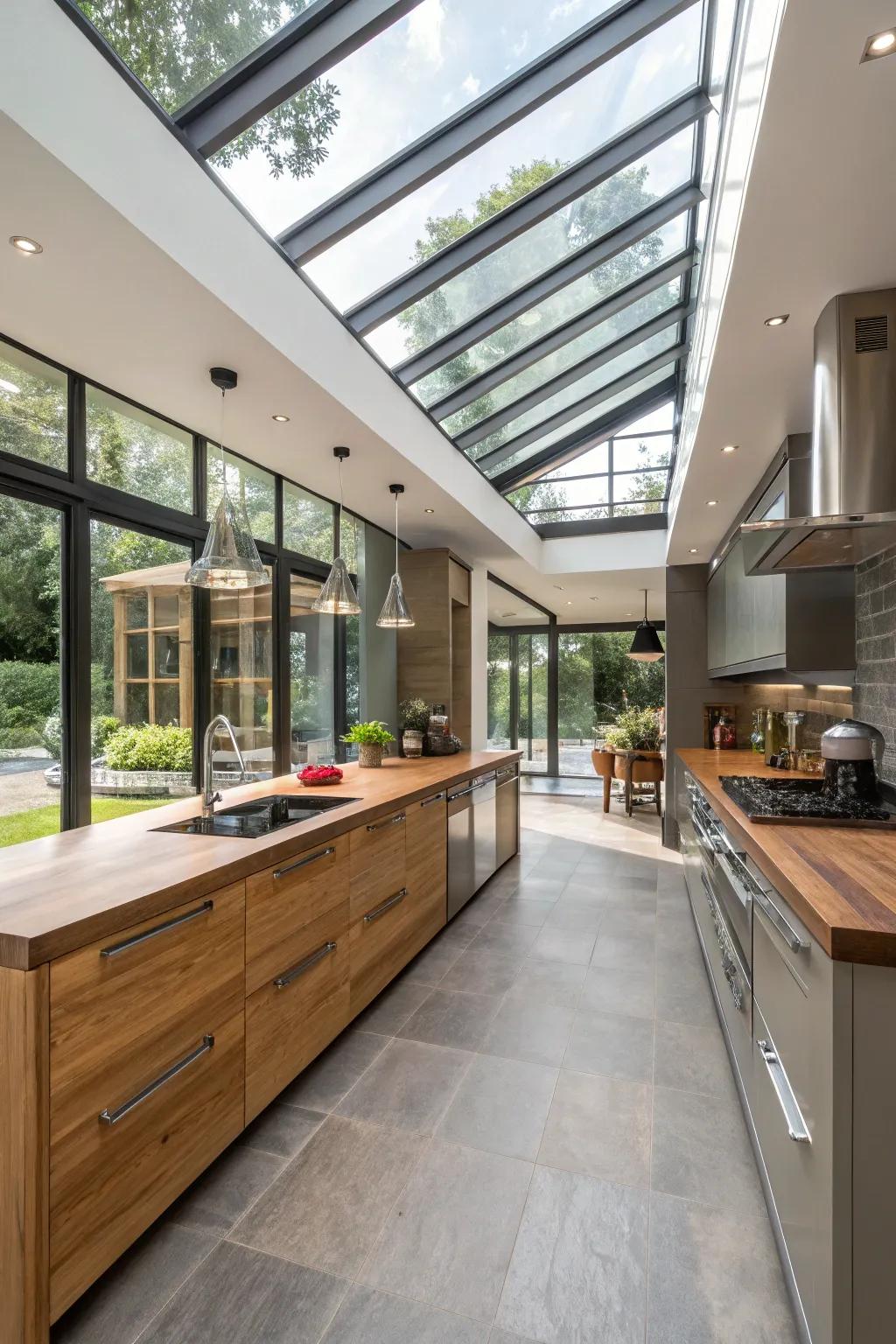 A harmonious blend of materials is enhanced by the natural light from skylights.