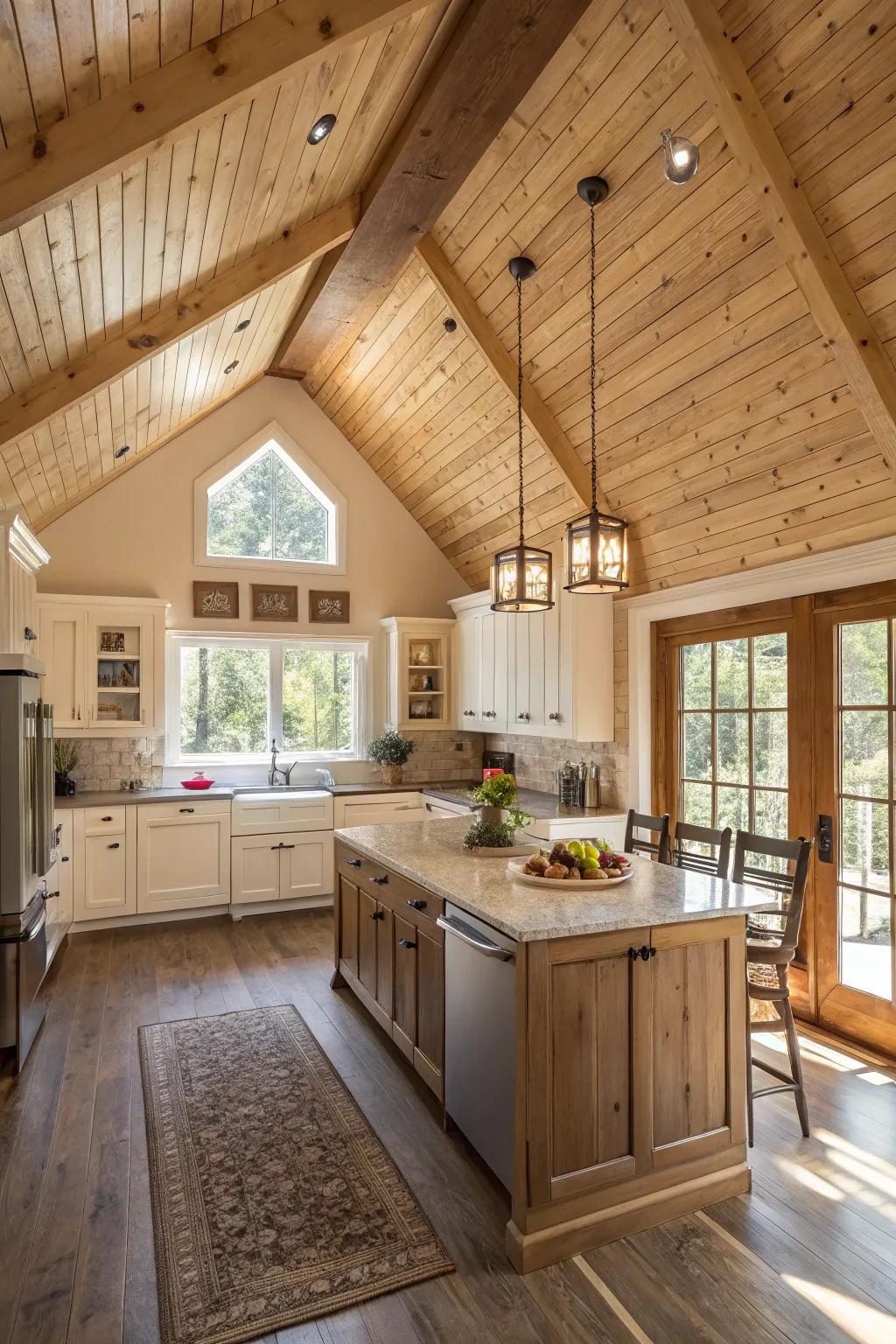 Textured wooden ceilings give warmth and depth to this welcoming kitchen.