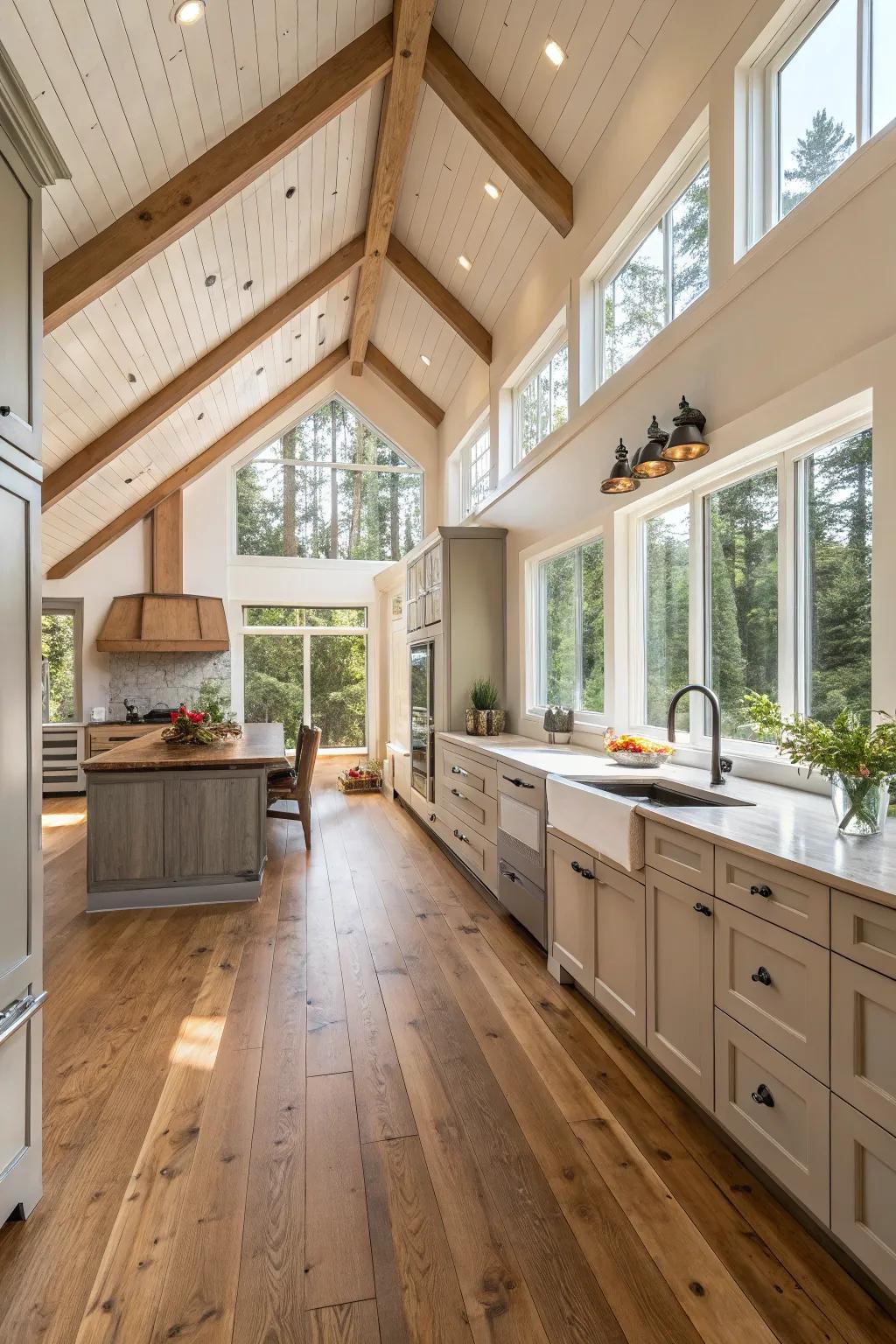 Wooden accents bring warmth to this high-ceilinged kitchen.