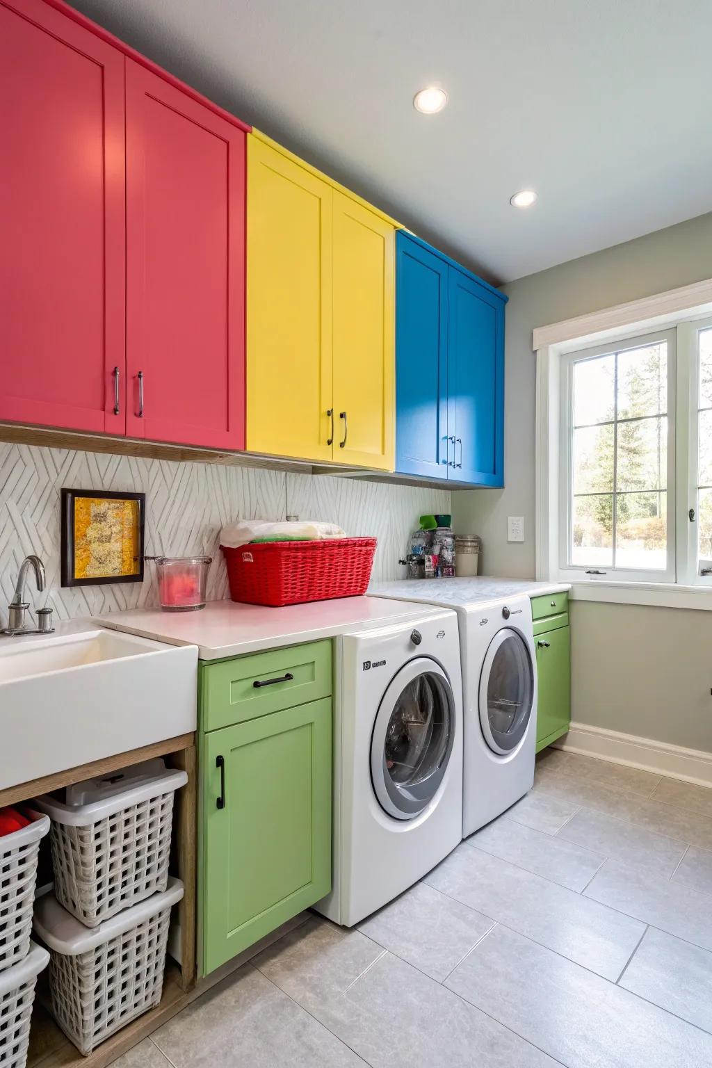 Bold cabinet colors inject energy and personality into the laundry room.