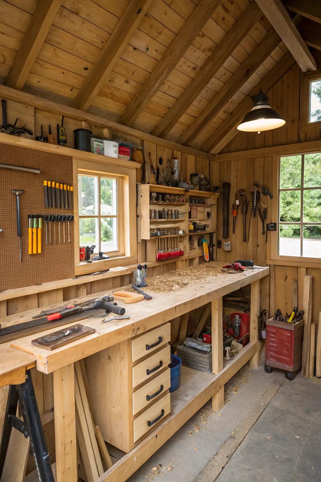 A functional workshop nestled in a lean-to shed.