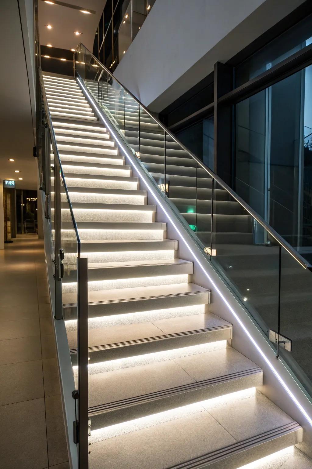 Staircase drama and safety with LED strip lighting.